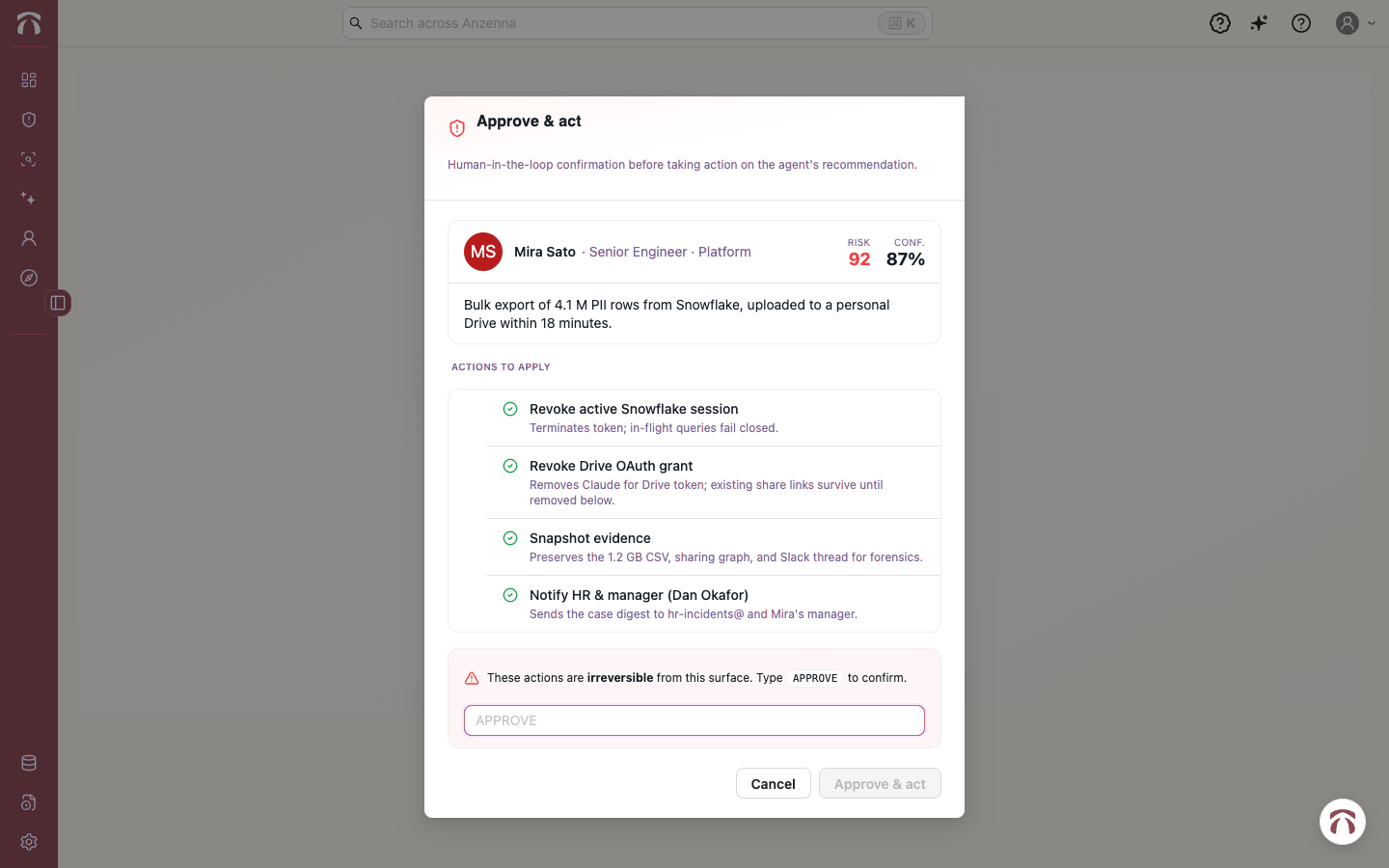 Approve and act modal with response options